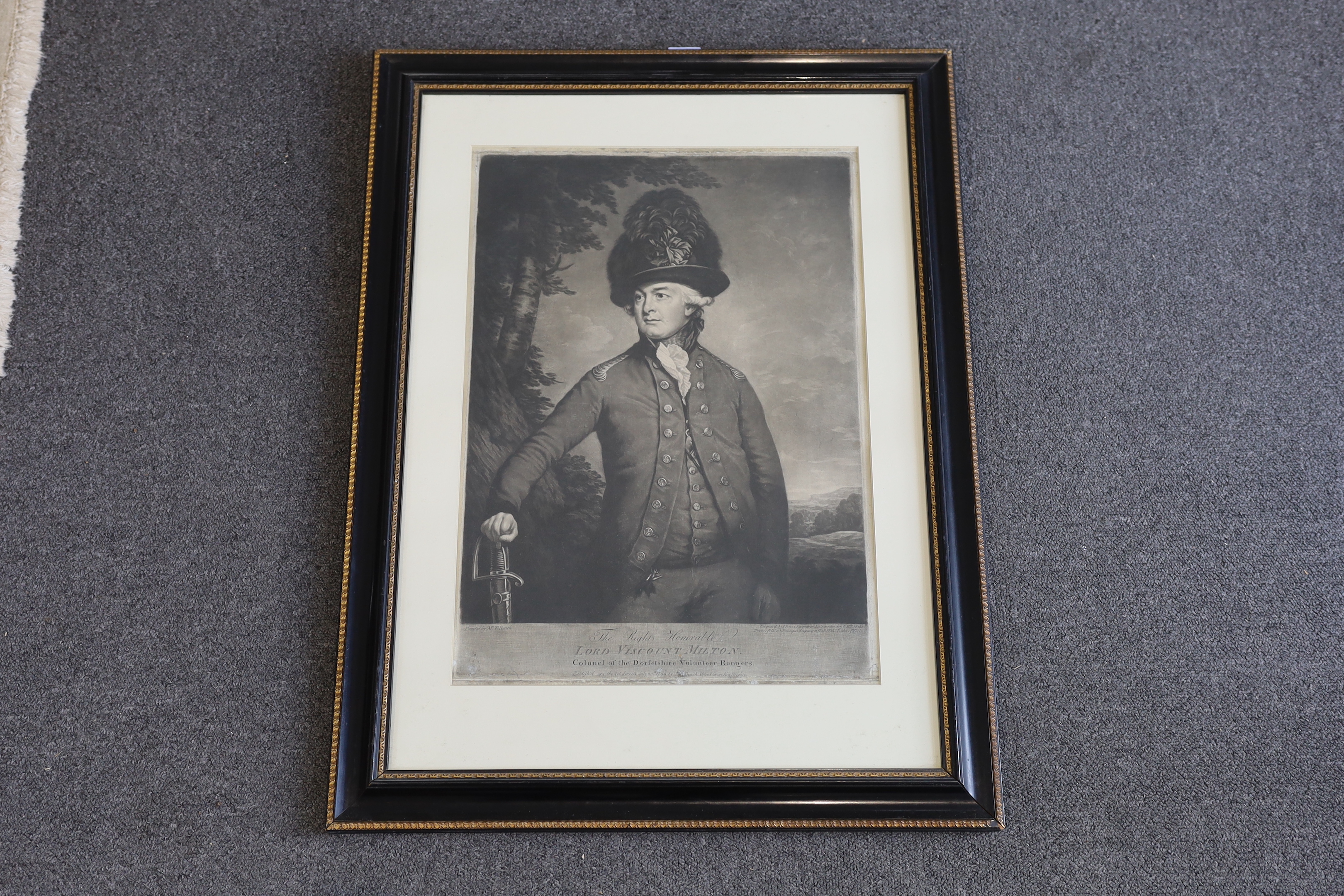 John Jones after Thomas Beach, mezzotint, 'The Right Honourable Lord Viscount Milton, Colonel of the Dorsetshire Volunteer Rangers', published by Beach 1795, visible sheet 51 x 36cm